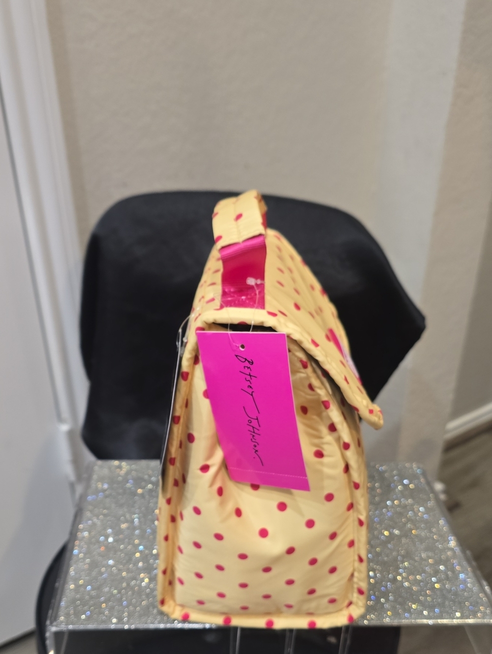 Betsey Johnson Polka Dot Flap Top Insulated Lunch Tote Bag- Yellow/Pink - Picture 7 of 8